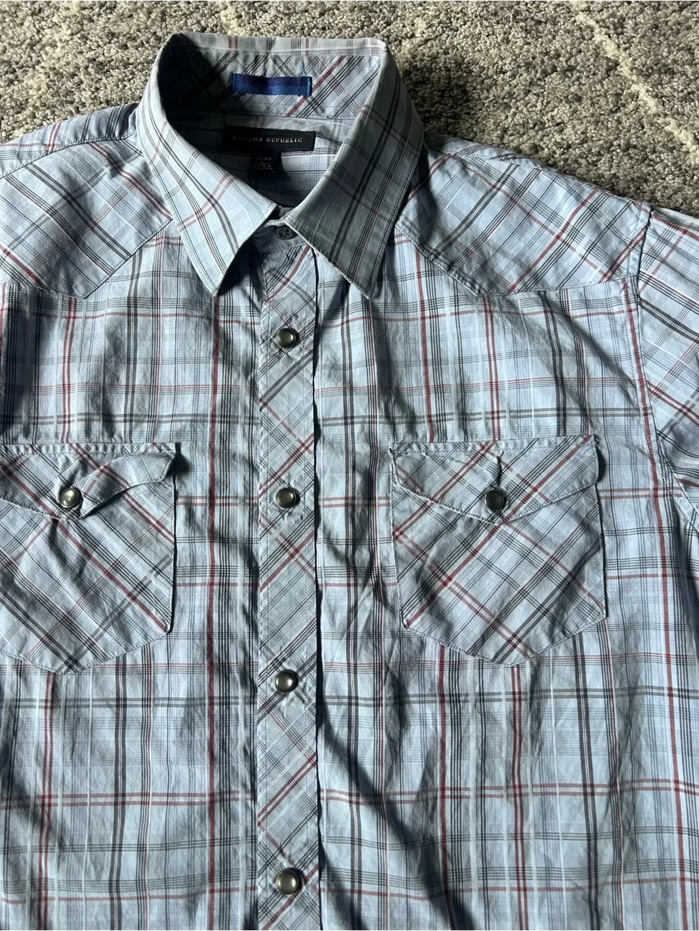 Banana Republic Men's Shirt Light Blue and Red Plaid Pearl Snap Preppy Western